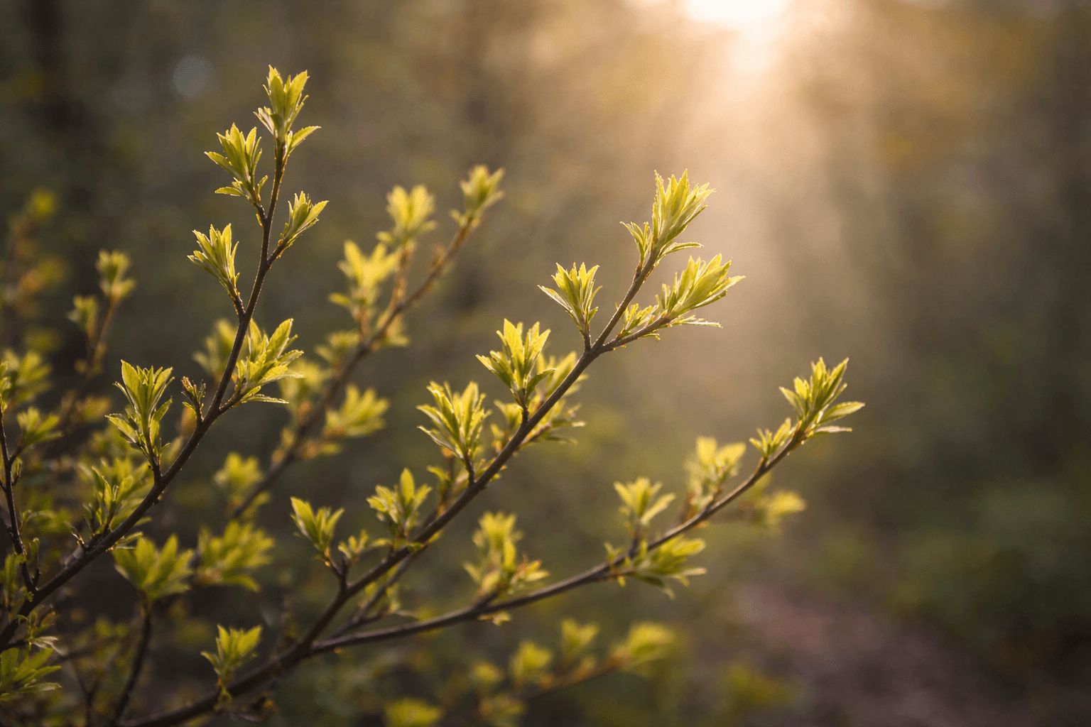 Spring buds opening at golden hour